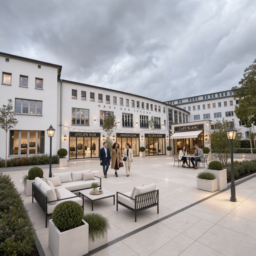 Das weiße Haus der Jugend mit drei edlen Mode-Läden, einem Café und einem schicken Vorplatz mit warmen Lichtern.