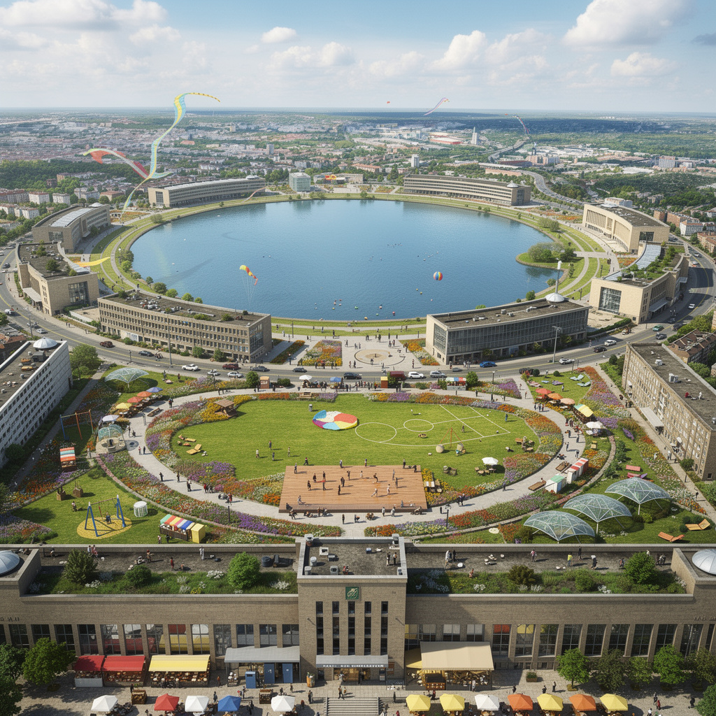 Eine lebendige Zukunftsvision des Tempelhofer Feldes mit See, Tanzfläche, renoviertem Terminal und Frühlingsstimmung.