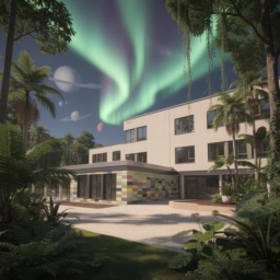 Die Lindenhof-Grundschule in der Zukunft: Über dem Gebäude leuchten Nordlichter und Planeten am Sternenhimmel, während auf dem Schulhof ein kleiner Dschungel mit Bäumen und Pflanzen wächst.