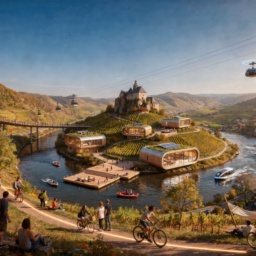Die Moselschleife im Jahr 2045: Dörfer des Erlebens mit nachhaltigen Pavillons, Baumwipfelpfaden, Seilbahn und Solarbooten als lebendiger Freizeit- und Erlebnisraum.