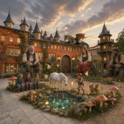 Zukunftsvision: Das Haus der Jugend als märchenhaftes, magisches Haus für Riesen und Fabelwesen, mit verzaubertem Garten auf dem Vorplatz.