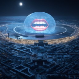 Visionäre Nachtszene: Das Tempelhofer Feld als leuchtender Sphere mit riesigem Mund, das historische Flughafengebäude als Parkhaus, eiskalte Januarnacht mit Sternenhimmel.