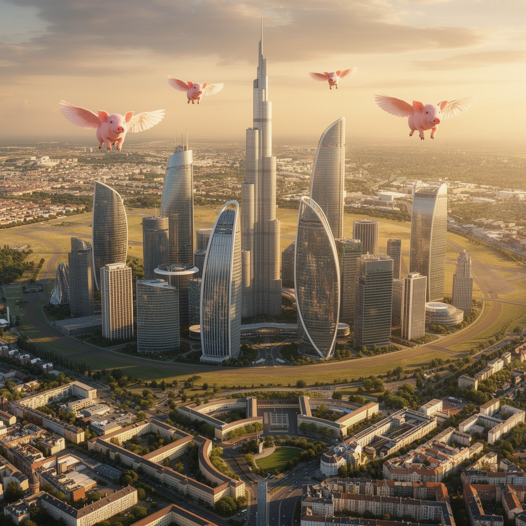 Zukunftsvision des Tempelhofer Feldes: Die Wiesenfläche und das Rollfeld verwandeln sich in eine futuristische Dubai-Skyline mit Wolkenkratzern, das historische Flughafengebäude ist verschwunden, und fliegende Schweine schweben verspielt über der Szene.