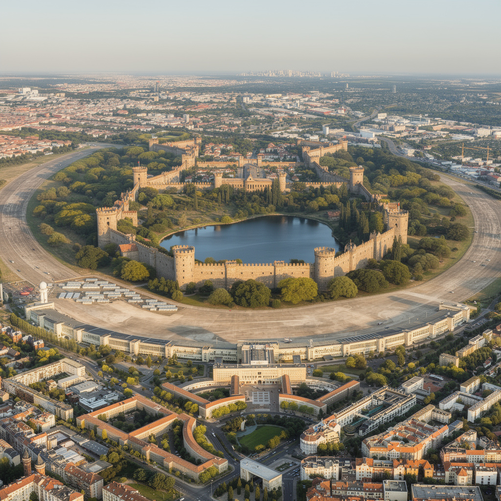 Zukunftsvision: Spanische Burg-Anlage mit See und Kork-Eichen auf dem Tempelhofer Feld, Wohnraum für 1500 Menschen
