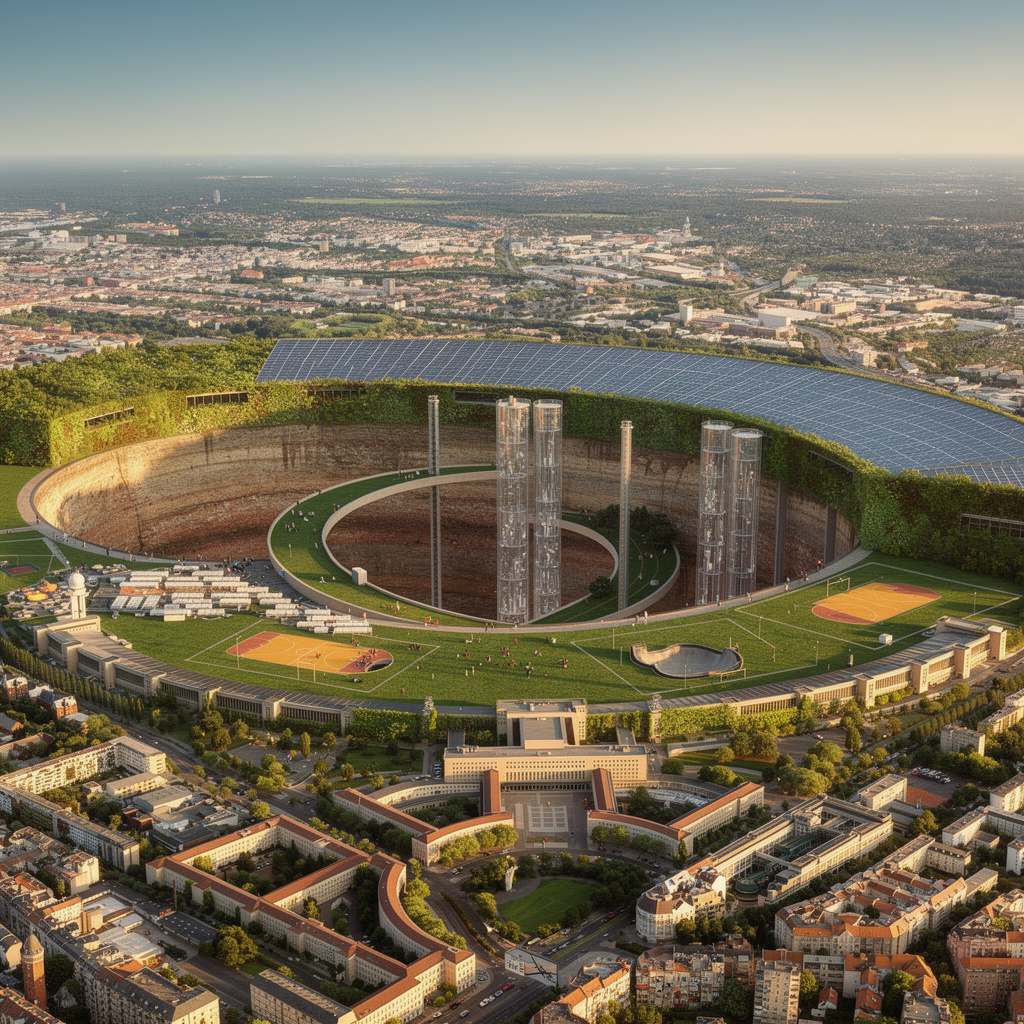 Zukunftsvision des Tempelhofer Feldes mit 500m tiefem Besucher-Loch zur Erkundung der Erdschichten, begrüntem Flughafengebäude als Ausstellungsort und Sportflächen für alle.