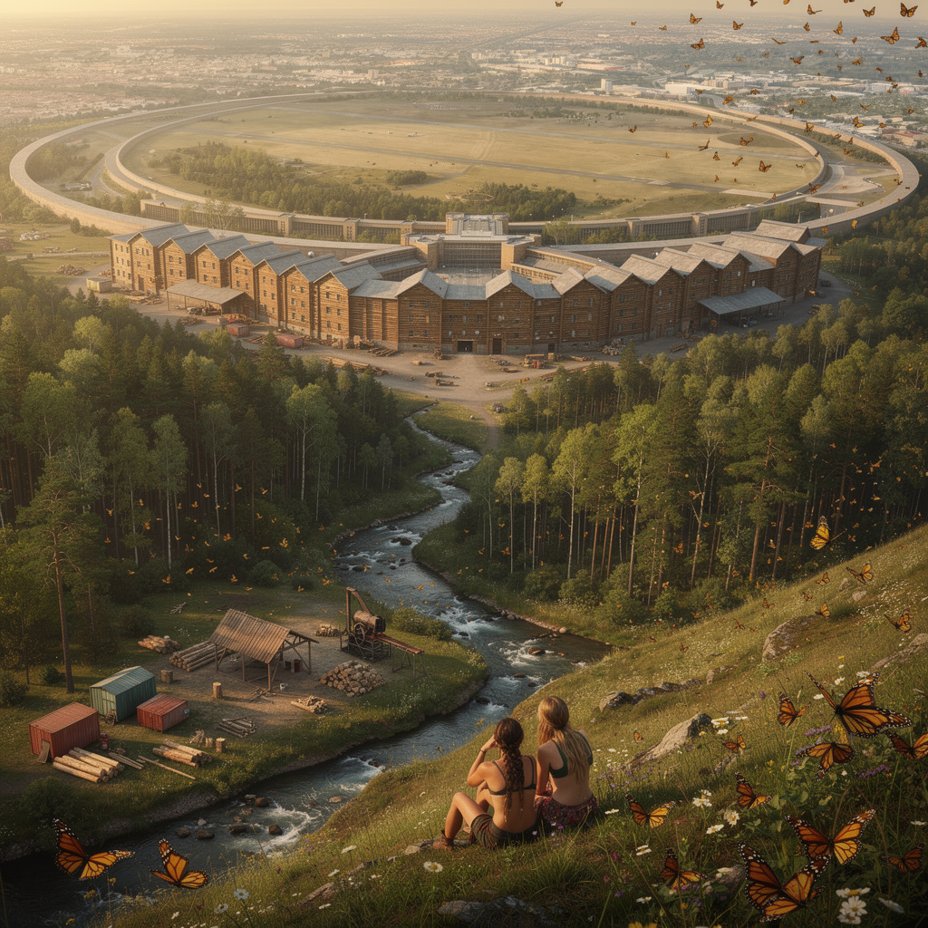 Eine visionäre Zukunft des Tempelhofer Feldes: wilder kanadischer Mischwald mit Bachlauf, Holzfällerlager mit Containerdorf und Sägewerk auf dem Vorfeld, das Flughafengebäude als Blockhütte, ein Hippie-Paar im Vordergrund und Millionen von Monarch-Faltern, die auch vor der Kamera flattern.