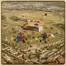 Surreale Zukunftsvision des Tempelhofer Feldes mit Joan-Miró-inspirierten Monstern, bunten geometrischen Figuren und dem Flughafengebäude als riesige Farbpalette mit Pinseln – im Look eines alten Farbfotos an einem sonnigen Tag.