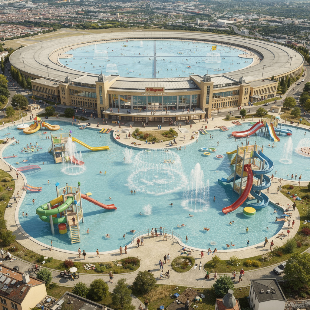 Zukunftsvision des Tempelhofer Feldes mit riesigem Wasserspielplatz auf dem Feld und dem Flughafengebäude als Schwimmbad. Menschen schwimmen und spielen im Wasser.