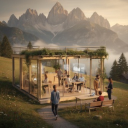 Visualisierung eines dezentralen, offenen Arbeitsplatzes im Jahr 2040 vor der Bergkulisse Südtirols: Menschen agieren als Supervisor von KI-gestützten Prozessen in lichtdurchfluteten, naturnahen Räumen – ein Sinnbild für effizientere Arbeit und mehr Freizeit.