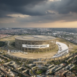 Visionäre Zukunft des Tempelhofer Feldes als Demokratie-Landschaft: Das Feld als riesige Wahlurne, das Flughafengebäude als Wahlzettel mit Stift, unter spannungsgeladenem Morgenhimmel.
