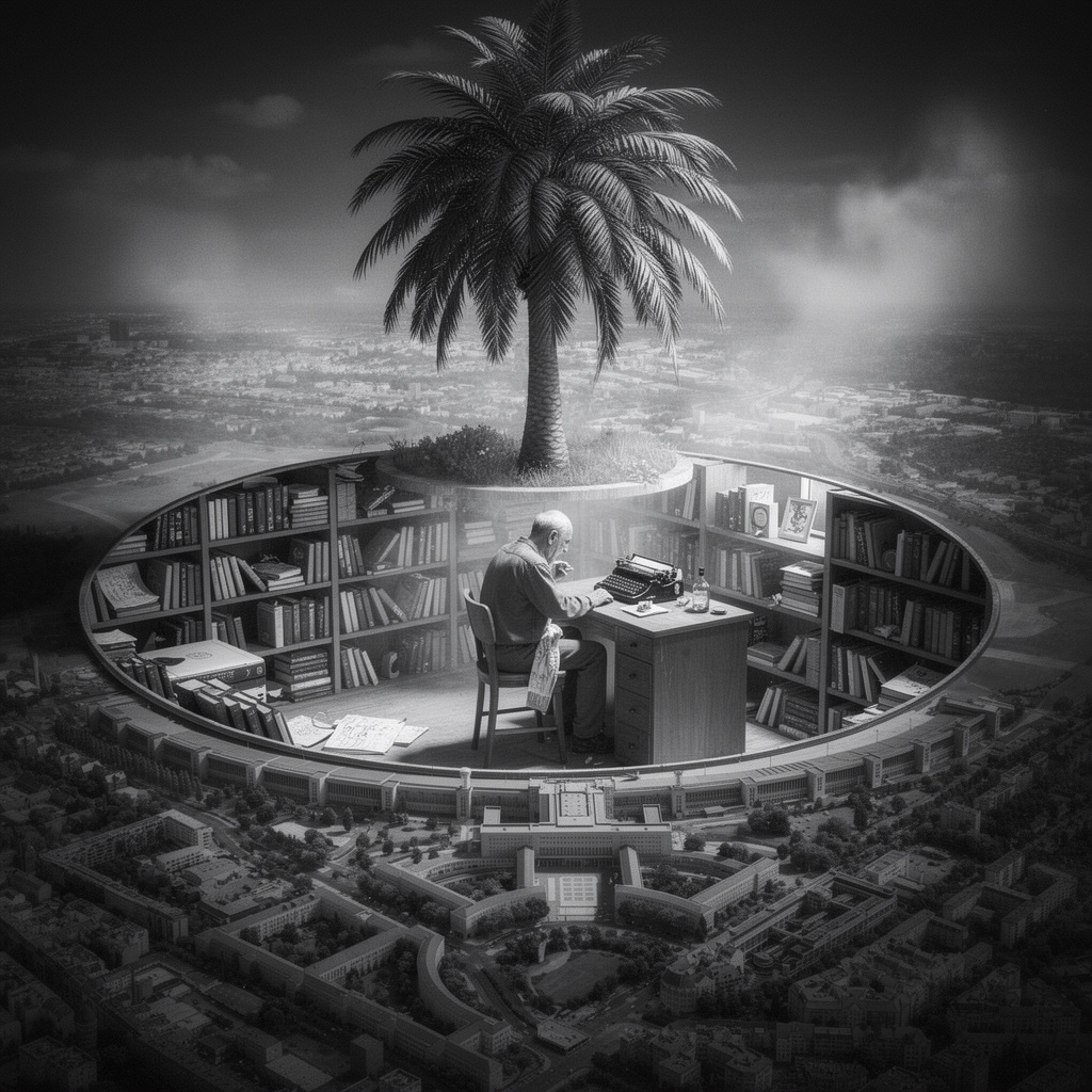 Surreale Film-Noir-Vision: Das Tempelhofer Feld als Charles Bukowskis Schreibzimmer mit dem Flughafengebäude als riesige Zimmerpalme, schwarz-weiß und verraucht.