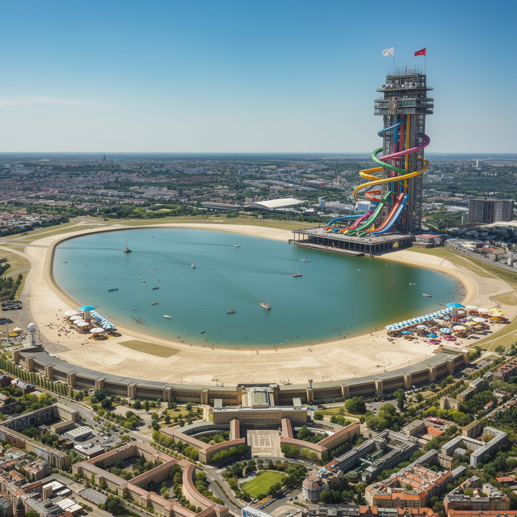 Eine Zukunftsvision des Tempelhofer Feldes mit großem See, Sandstrand, Booten, einem Sprung- und Rutschenturm im Flughafengebäude und einem Biergarten in der Seemitte bei sommerlicher Hitze.
