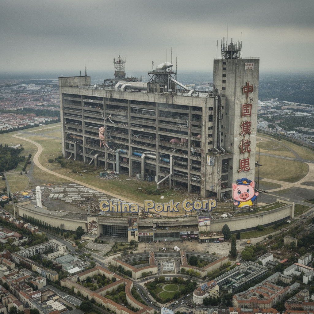 Zukunftsvision des Tempelhofer Feldes mit einem riesigen Schweinehochhaus auf der Wiese und dem Flughafengebäude mit China Pork Corp Beschriftung bei grauem Wetter.