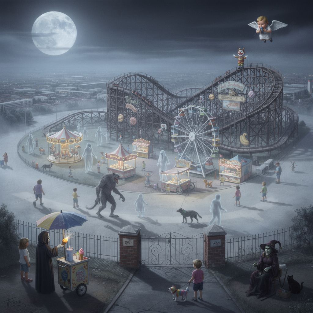 Eine geisterhafte Vergnügungspark-Vision des Tempelhofer Feldes in Vollmondnacht mit Karussell, Riesenrad, Sensenmann als Eisverkäufer, vielen Kindern und dem Flughafengebäude komplett als Achterbahn verwandelt.