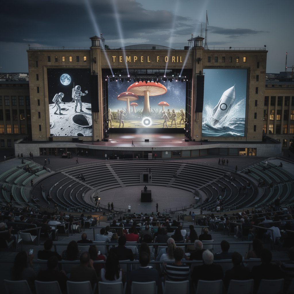 Vision des Tempelhofer Feldes als Amphitheater aus Publikums-Perspektive, mit Blick auf die Bühne im Flughafengebäude, die "Reise zum Mond" zeigt.