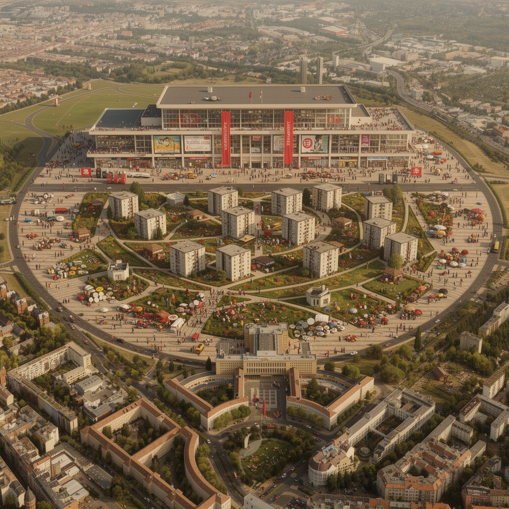Eine visionäre Zukunft des Tempelhofer Feldes mit neuen Wohngebäuden für Gemeinschaften und dem Flughafengebäude als Shopping-Mall, im Stil eines sozialistischen Utopie-Konzepts.