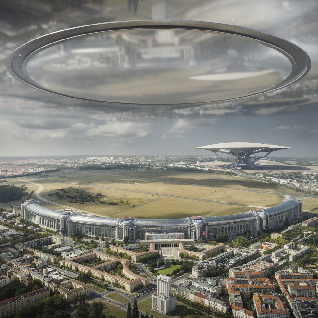 Zukunftsvision: Das Tempelhofer Feld als Startfläche für das Raumschiff Orion, mit dem Flughafengebäude als Teil der Raumstation. Der Himmel spiegelt die surreale Szene, während die Qorks die Erde erobern. Fokus auf die oberen 60% des Bildes.