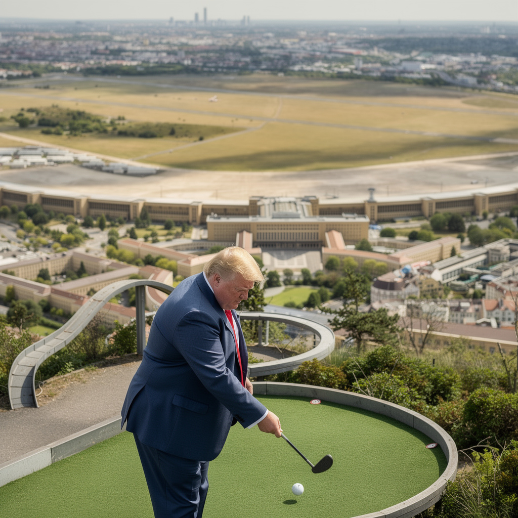 Funktionale Minigolfbahn mit schwerem Mann im blauen Anzug und rotem Schlips, der den Ball schlägt.