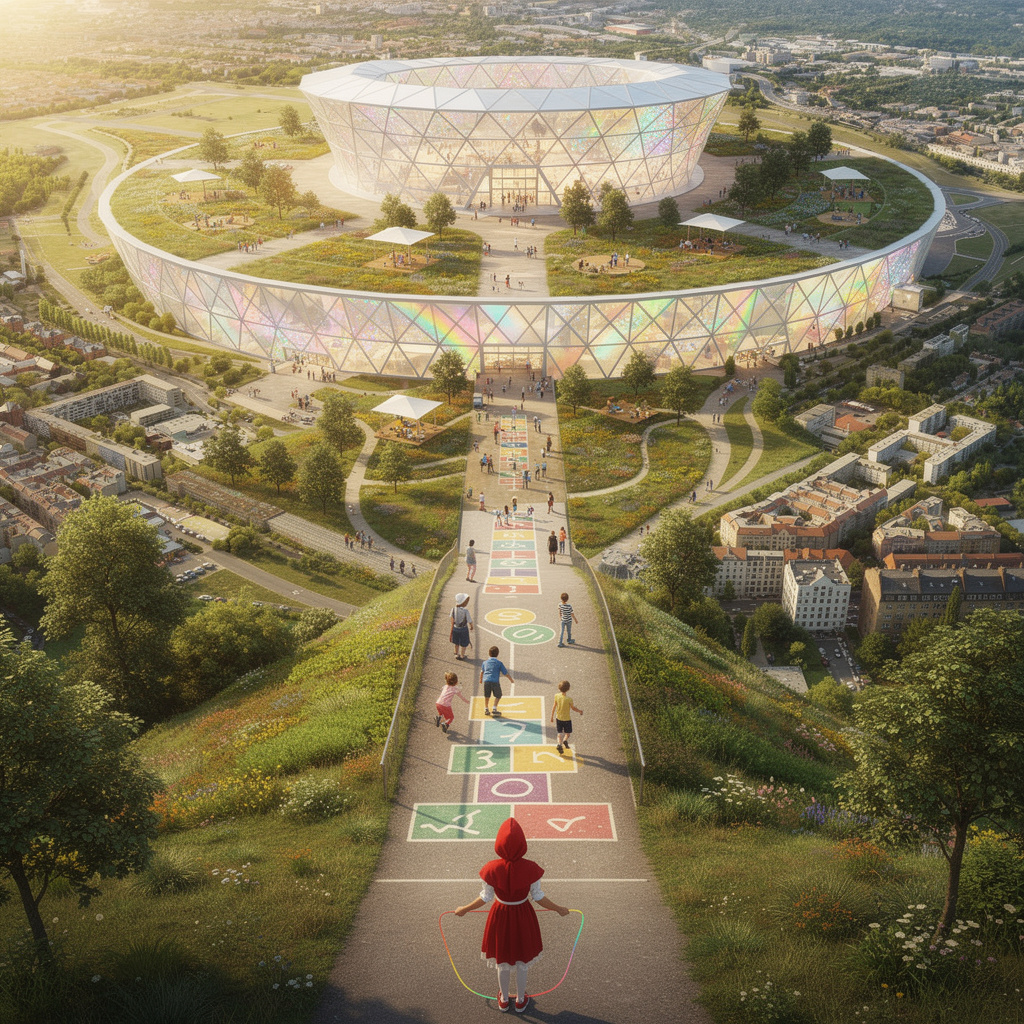 Eine fantasievolle Zukunftsvision des Tempelhofer Feldes mit einem riesigen Brillanten statt dem Flughafengebäude, grünen Freizeitflächen, spielenden Kindern im Vordergrund und einem Weg der zur oberen Kante der Freizeitfläche führt.
