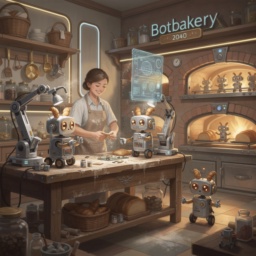 Eine Vision der Botbakery im Jahr 2040: Ein Bäcker fertigt liebevoll kleine, freundliche Bots in einer Mischung aus traditioneller Backstube und futuristischer Werkstatt – warm, hoffnungsvoll und harmonisch.