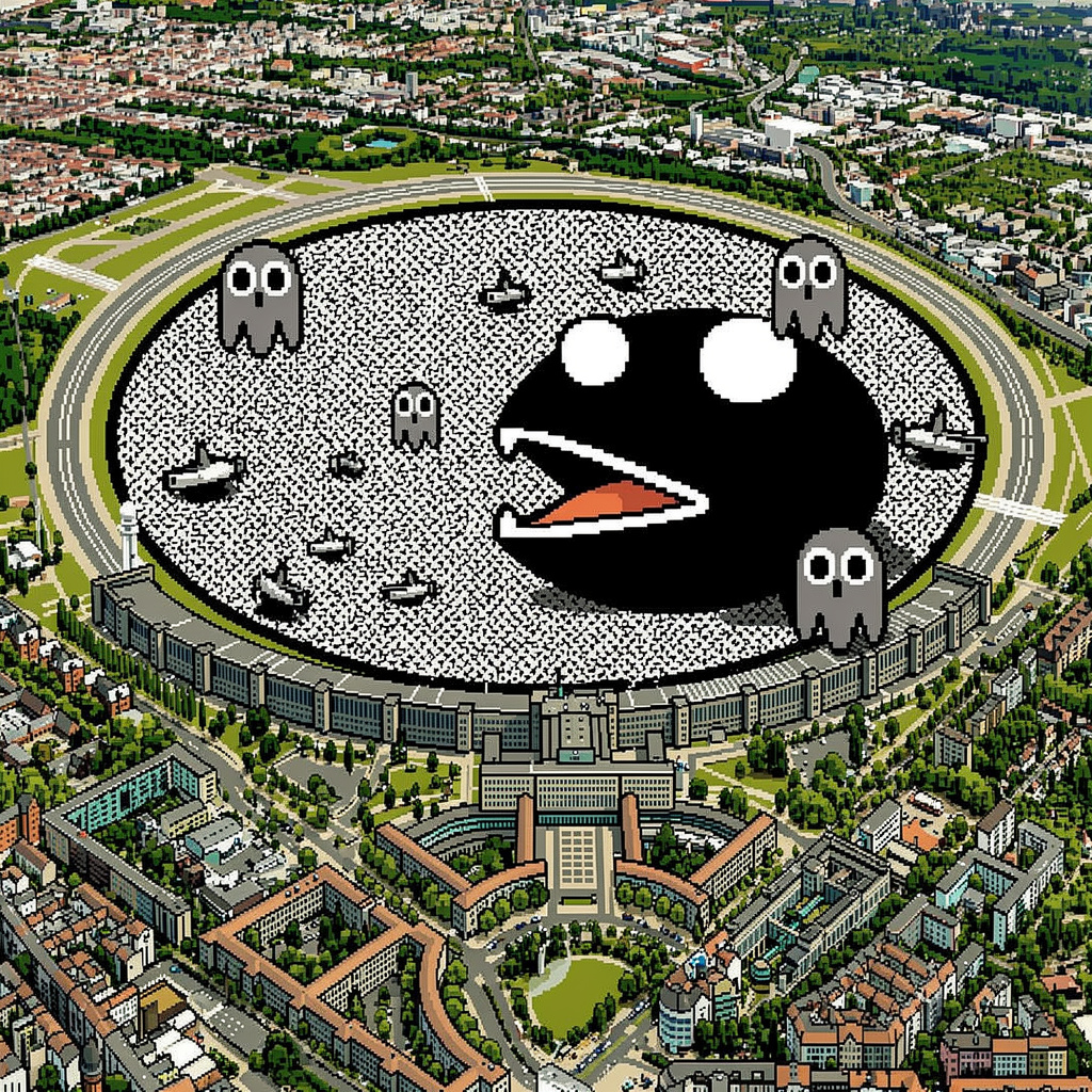 Tempelhofer Feld als 1-Bit Retro-Spiel-Arena: Das Flughafengebäude wird zu einer kreisförmigen Figur, die sich vom Rand ins Feld frisst.