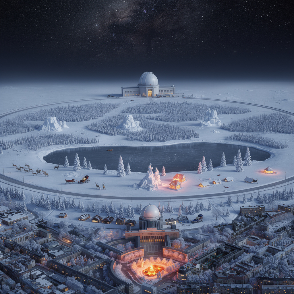 Eine nächtliche Winter Vision des Tempelhofer Feldes als verschneite Tundra mit astronomischer Beobachtungsstation im Flughafengebäude, unter einem sternenklaren Himmel mit Milchstraße.