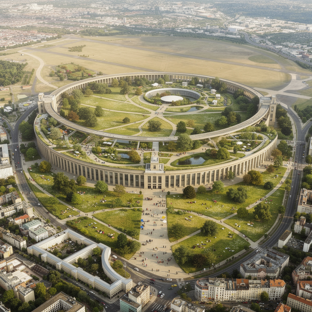 Zukunftsvision des Tempelhofer Feldes mit grünem Hochbahn-Dach auf dem Flughafengebäude, schattigen Alleen, kleinen Seen und freien Flächen für Sonnenuntergänge.