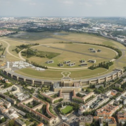 Zukunftsvision des Tempelhofer Feldes mit öffentlichen Sanitäranlagen auf der Wiesenfläche und im historischen Flughafengebäude