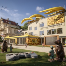Zukunftsvision der Lindenhof-Grundschule mit Banane-Giraffen-Architektur, großen Bärenstatuen, einem riesigen PlayStation-Spielgerät auf dem Rasen mit "NLH", einer Villa mit Lichterketten und Ballons, winzigen und riesigen Lehrer-Statuen mit Schnurrbart und Hut sowie einer riesigen Tafel.