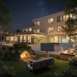Die Lindenhof-Grundschule bei Nacht mit einem gemütlichen Park, einer Höhle, einem Sofa, Fernseher, einer Snackbar und leuchtenden Lichterketten.