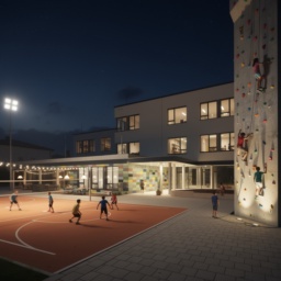 Die Lindenhof-Grundschule bei Nacht mit einem gemütlichen kleinen Restaurant am Eingang, einem beleuchteten Volleyballfeld auf dem Schulhof, auf dem Kinder ohne Lehrer spielen, und einer bunten Kletterwand.