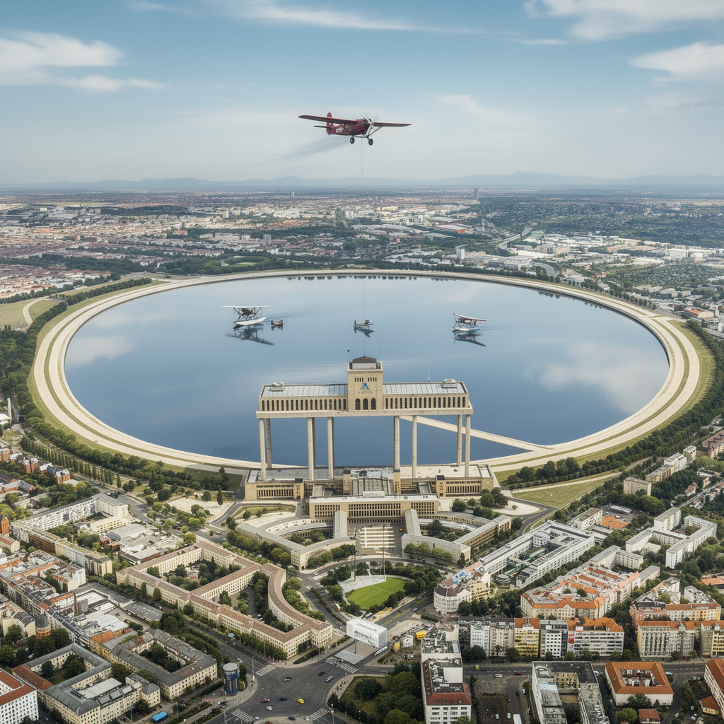 Vision des Tempelhofer Feldes als Wasserfläche mit dem Flughafengebäude auf Stelzen und Wasserflugzeugen
