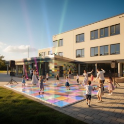 Die Lindenhof-Grundschule mit einer bunten Tanzfläche und Lautsprechern vor dem Gebäude, auf der Kinder und Lehrkräfte bei strahlendem Sonnenschein gemeinsam tanzen.