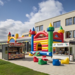Die Lindenhof-Grundschule der Zukunft: Das Gebäude verwandelt sich teilweise in eine bunte Hüpfburg, davor stehen ein Döner- und ein Sushi-Stand, und überall liegen gemütliche Sitzsäcke zum Entspannen.