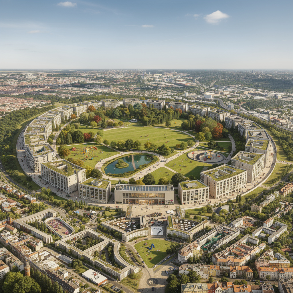 Eine Zukunftsvision des Tempelhofer Feldes mit Randbebauung, einem kleineren See, Cafés, einem großen Spielplatz, einer Skaterbahn und dem umgebauten Flughafengebäude als Kulturort. Viele Menschen genießen das gute Wetter.