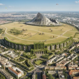 Zukunftsvision des Tempelhofer Feldes: Ein bergartiges Gebäude am Rand des Feldes, das begrünte Flughafengebäude wird zu Wohnungen, Menschen genießen Sommeraktivitäten auf der Wiese.