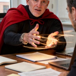 Ein Held im Kundengespräch: mutiges Challengen mit einem Umhang und leuchtenden Lichtspuren aus den Händen, die den Raum erhellen.