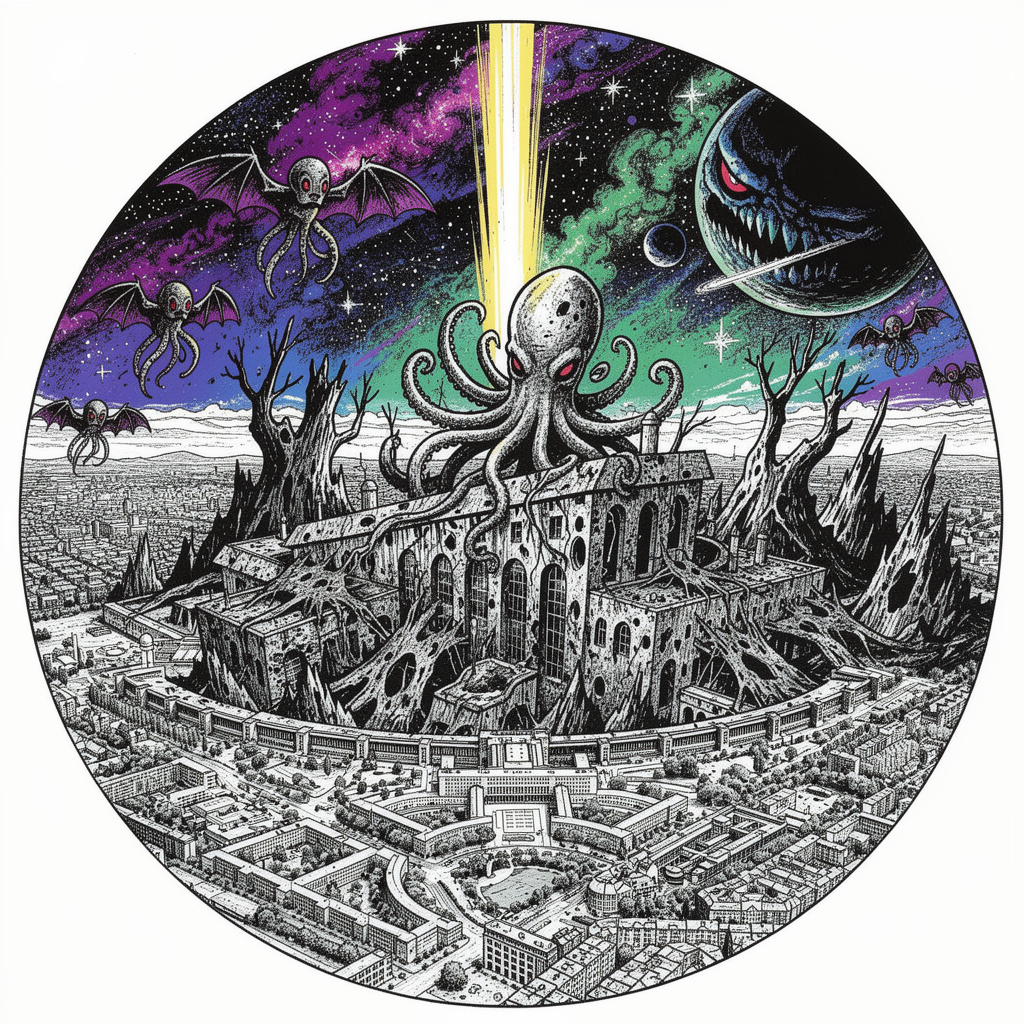 Eine düstere Lovecraft-Vision des Tempelhofer Feldes: Cthulhu thront auf einem Alptraumfelsen in der Mitte, kosmische Strahlen verbinden das Feld mit einem fernen Planeten, das Flughafengebäude als verfallener Lost Place mit knorrigen Bäumen, Fledermaus-Kraken-Wesen schweben im Himmel – im expressiven Comic-Stil von Alberto Breccia.