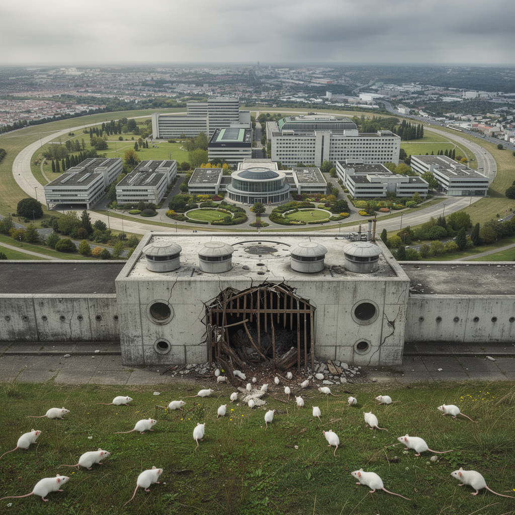 Vision des Tempelhofer Feldes: Zweites Benjamin-Franklin-Klinikum auf dem Feld, Flughafengebäude im Mäusebunker-Stil, im Vordergrund flüchtende weiße Labormäuse aus einem Käfig
