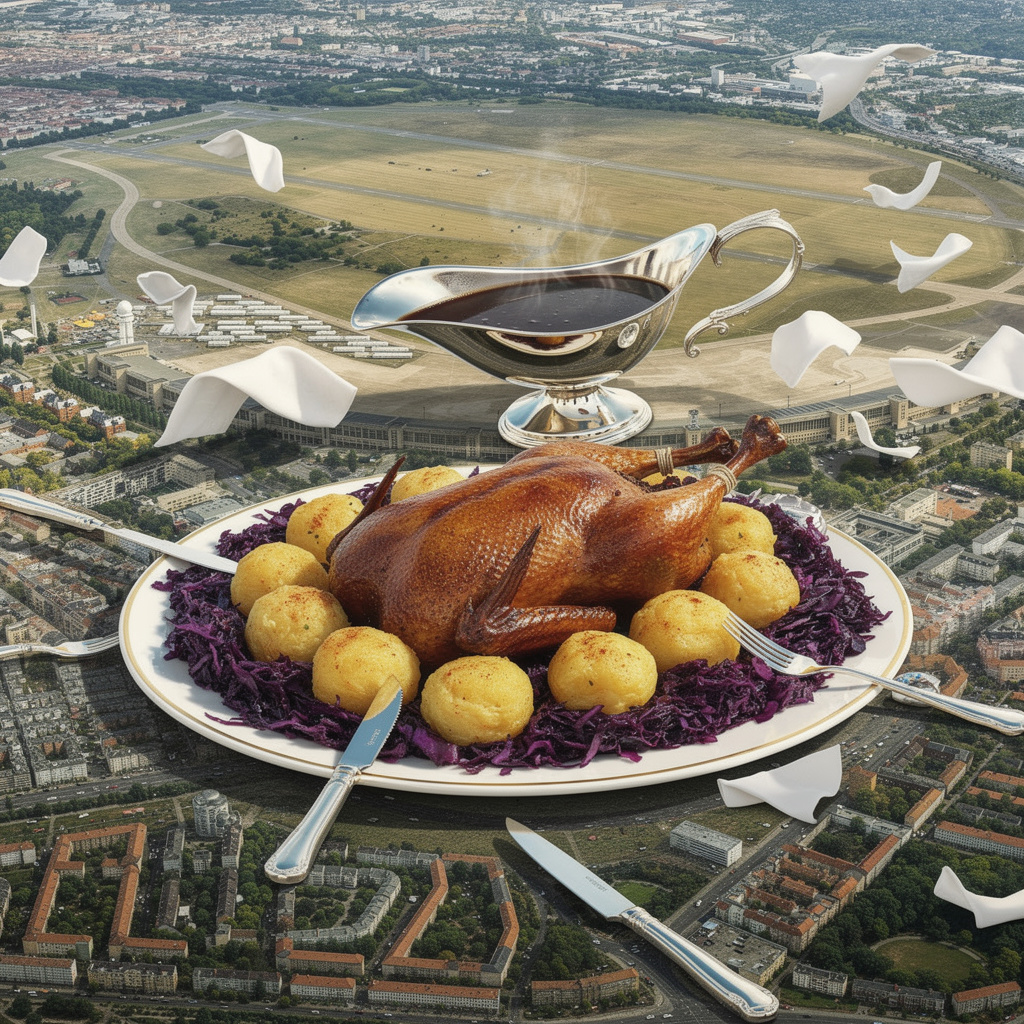 Eine surreale Zukunftsvision des Tempelhofer Feldes als riesiges Festmahl: Eine dampfende gebratene Ente in der Mitte, umgeben von Klößen und Rotkraut. Das Flughafengebäude als Sauciere mit dunkler Soße. Fliegendes Besteck und Servietten in der Luft.
