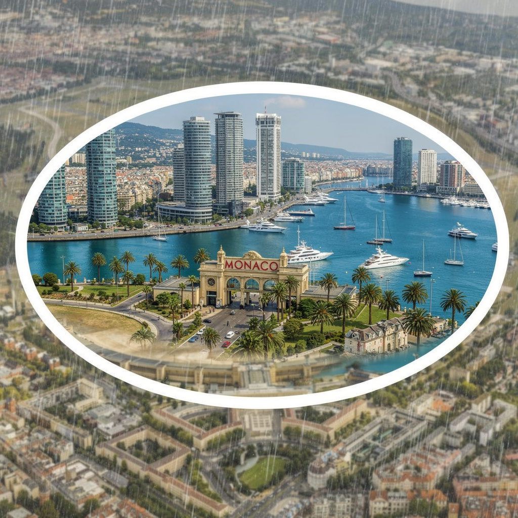 Eine Zukunftsvision des Tempelhofer Feldes als Monaco-Enklave: Inside dem Rundweg Yachten, Palmen und Hochhäuser, das Terminal als Grenzübergang mit "MONACO"-Schrift, sonniges Wetter im Kontrast zum Berliner Umfeld.