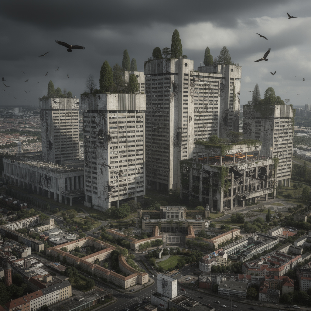 Eine düstere Zukunftsvision des Tempelhofer Feldes: Brutalistische Wohntürme mit Dachbäumen, ein verfallendes Flughafengebäude und Geier am Himmel.