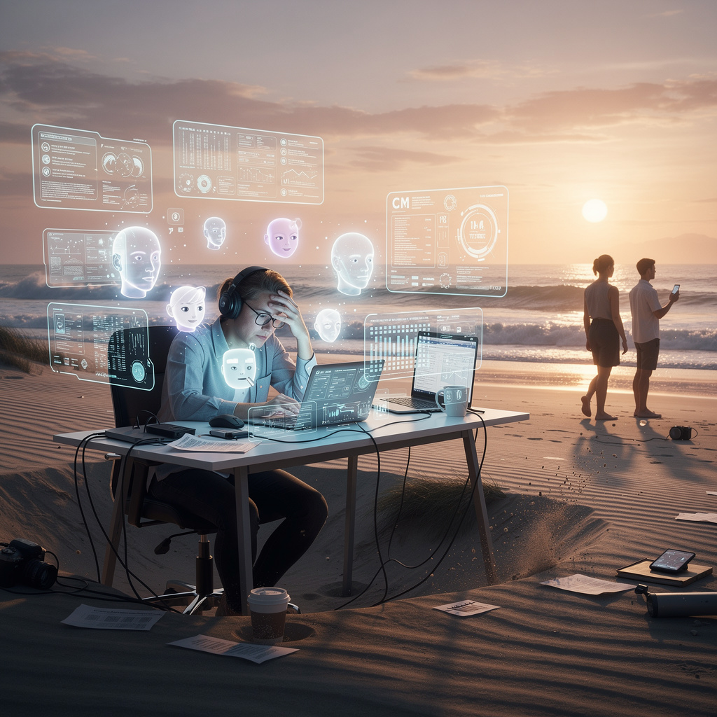 Visualisierung einer Zukunftsvision: Ein Event Manager am Strand, überfordert von zu vielen KI-Systemen, während im Hintergrund Menschen einen ruhigeren, bewussteren Umgang mit Technologie finden.