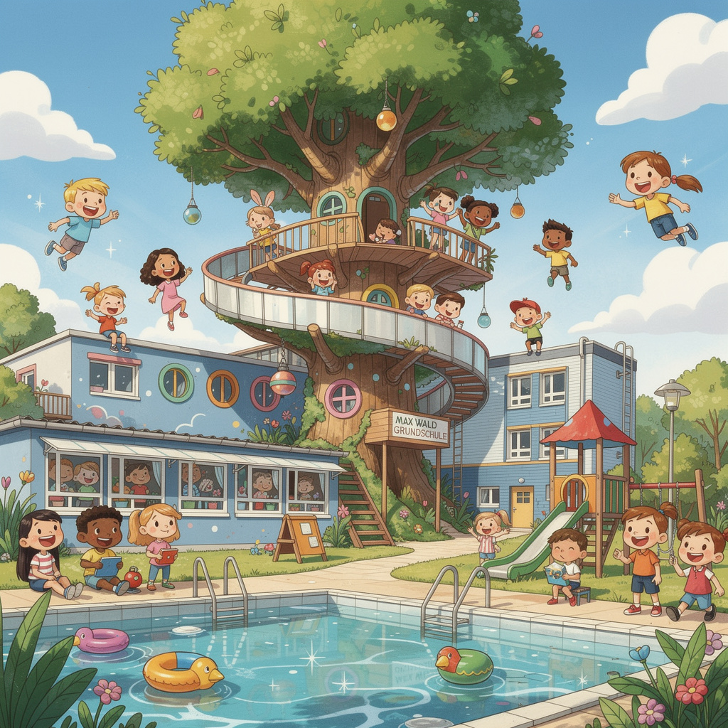 Die Max Wald Grundschule der Zukunft: ein großes Baumhaus als Schulgebäude, fliegende Schülerinnen, Schüler und Lehrkräfte am Himmel und ein Schwimmbad auf dem Schulhof.