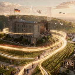 Das Hambacher Schloss im Jahr 2045: Leuchtende Lichtströme der Demokratie fließen vom Schloss ins Land hinaus und verbinden Menschen in Gemeinschaft.
