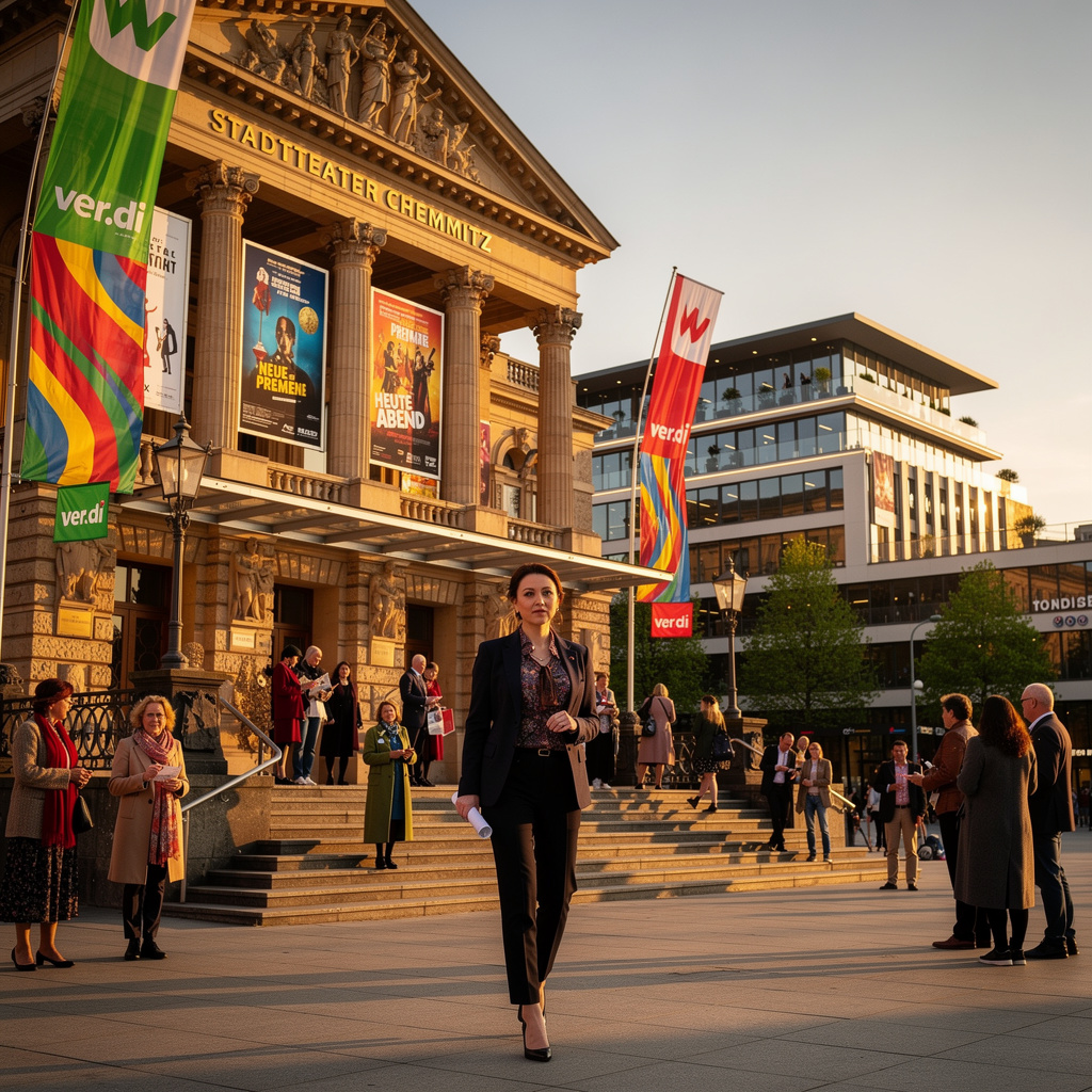 Eine Schauspielerin steht selbstbewusst vor dem Stadttheater Chemnitz im Jahr 2040. Das Theater erstrahlt in hellem Licht, Menschen strömen fröhlich ein. Gewerkschaftsfahnen und bunte Plakate schmücken die Fassade. Die Straße ist belebt, die Atmosphäre feierlich und hoffnungsvoll. Neue moderne Theaterbauten sind im Hintergrund sichtbar. Die Stadt wirkt kulturell aufgeblüht, Kunst und Solidarität prägen das Bild.