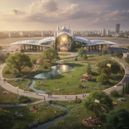 Eine zauberhafte Wizard of Oz-Version des Tempelhofer Feldes mit einem futuristischen Schloss, Grünflächen, Wasser und glücklichen Menschen.