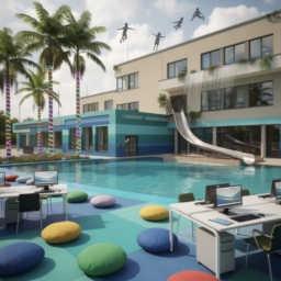 Zukunftsvision der Lindenhof-Grundschule: blau-grünes Gebäude mit Pool, Squishy-Boden, LED-Palmen, Wasserfall, Rutsche und fliegenden Kindern am Himmel.