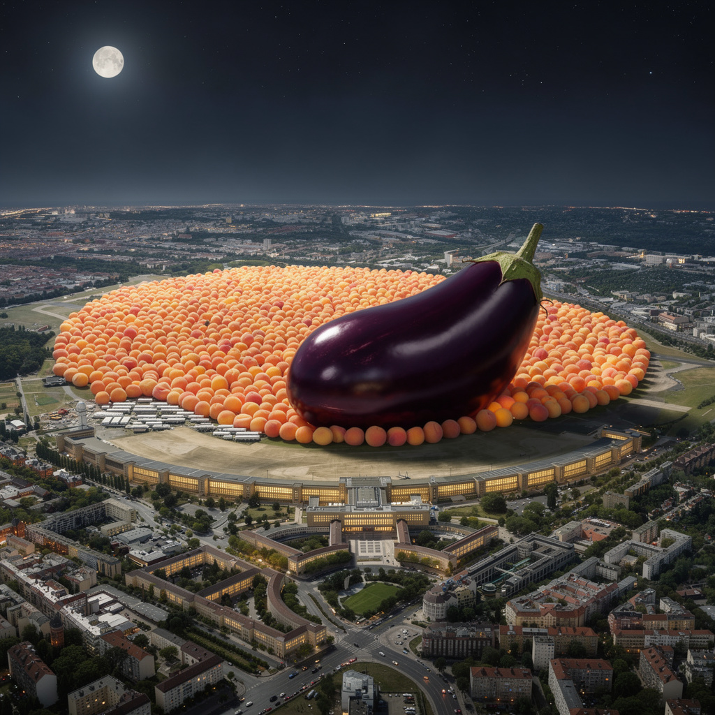 Eine surreale Nachtvision: Das Tempelhofer Feld als riesiger Pfirsich, das Flughafengebäude als überreife Aubergine, unter Mond und Sternen.