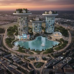 Visionäre Zukunftsvision des Tempelhofer Feldes bei Abenddämmerung mit 3 pilzförmigen Hochhäusern, See mit Betonbrücken und beleuchteten Wasserspielen